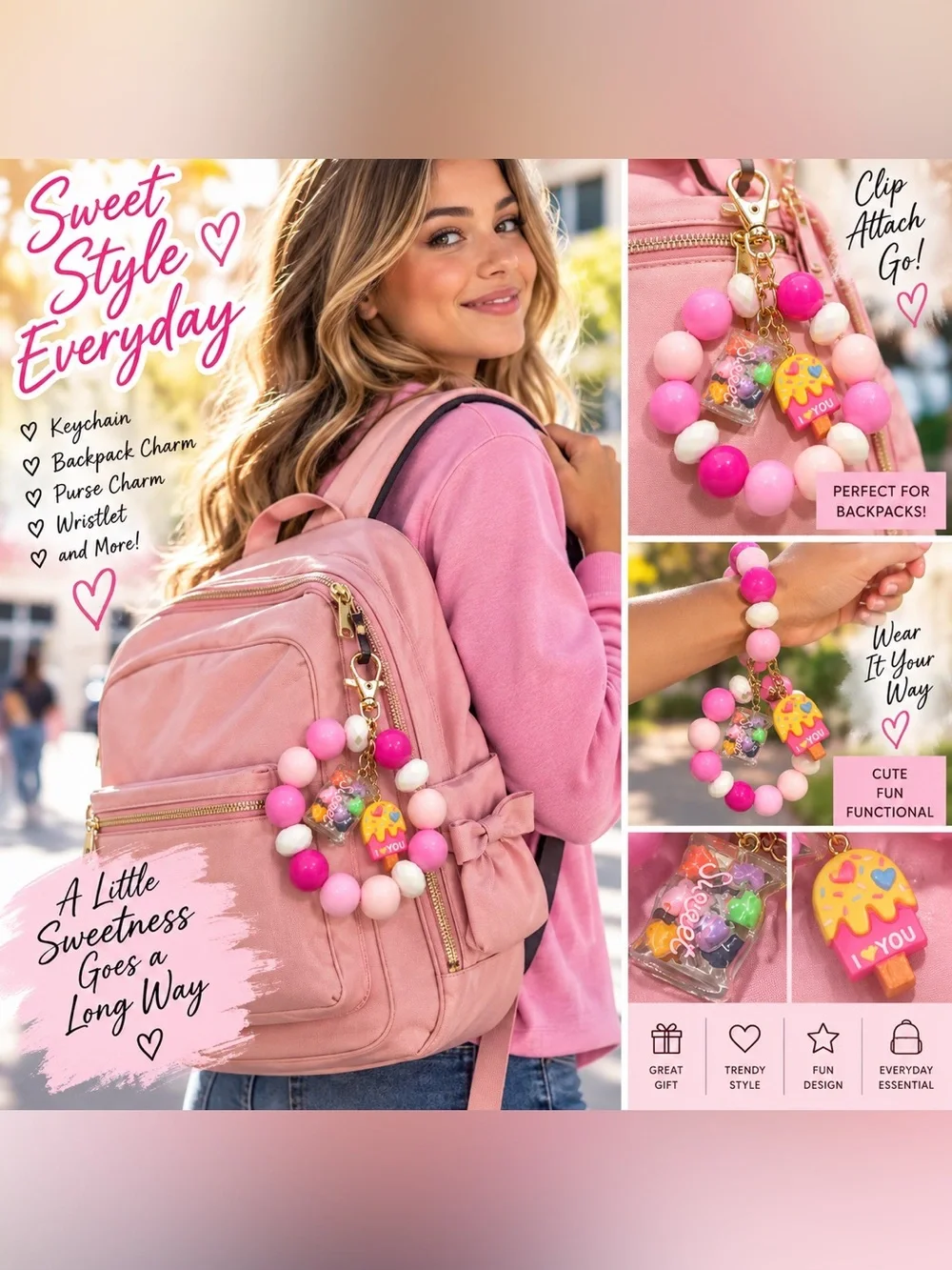 Pink Beaded Wristlet Keychain Sweet Treat Candy Charms Backpack Bag Charm NIB
